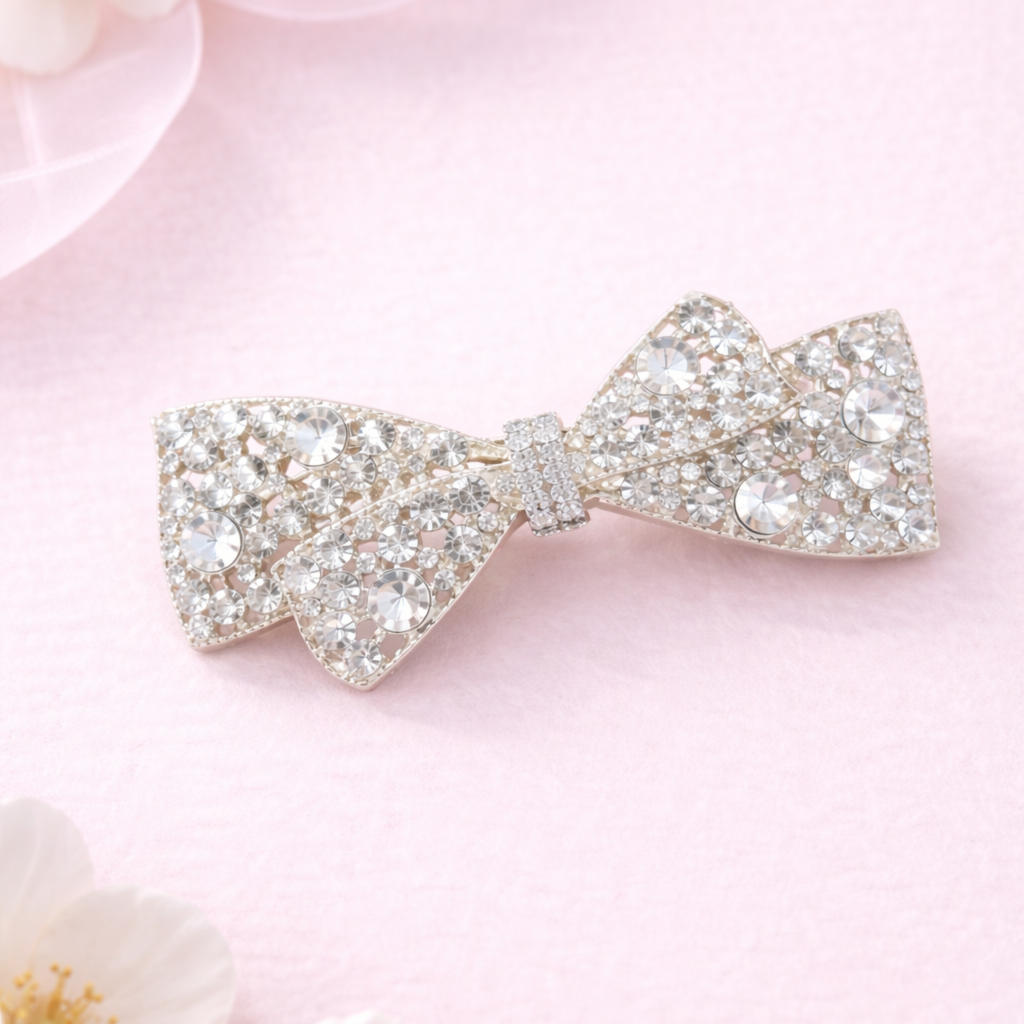 Francouzská spona do vlasů s mašlí a kamínky – stříbrná3